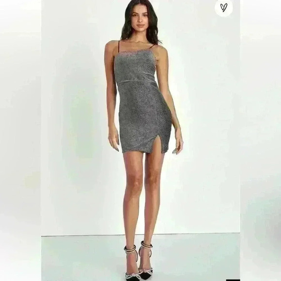 Lulus Take Me Anywhere Silver Sparkly Asymmetrical Bodycon Mini Dress Small - Picture 2 of 10